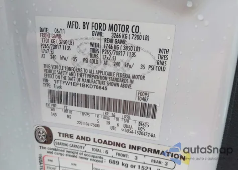 2011 Ford F-150 Xlt из США, поврежденный, VIN 1FTFW1EF1BKD76645